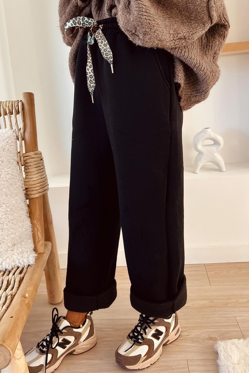 Coffee Leopard Drawstring Winter Fleece Pants