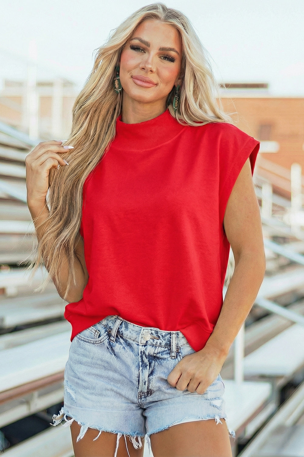 Black Solid Color High Neck Cap Sleeve Loose Top