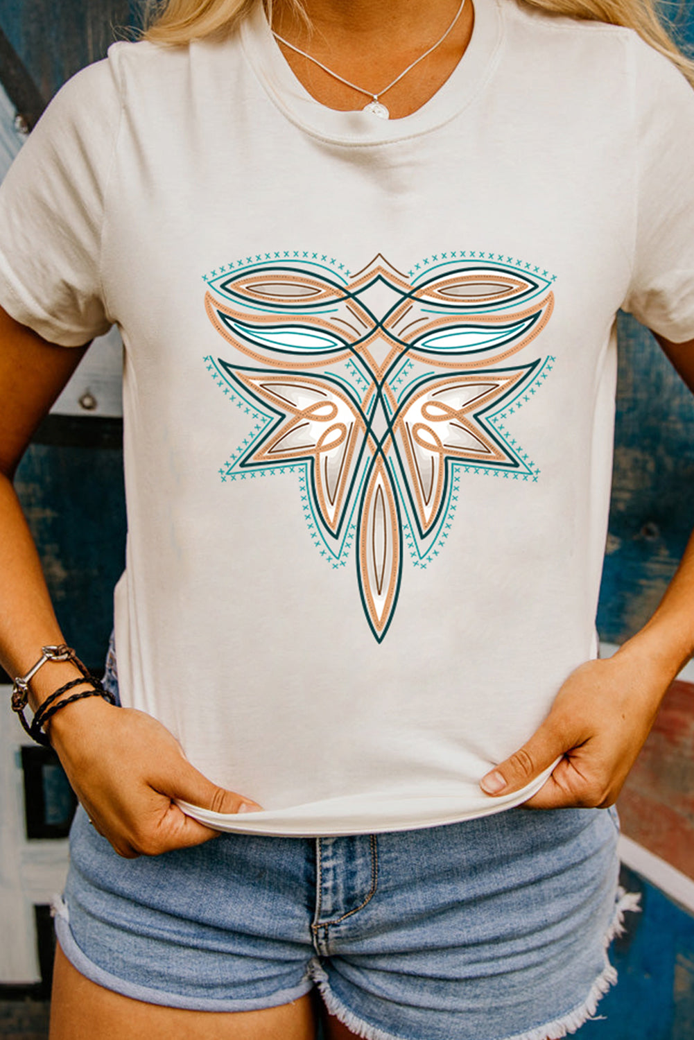 White Boot Stitch Pattern Printed Cotton Blend Tee
