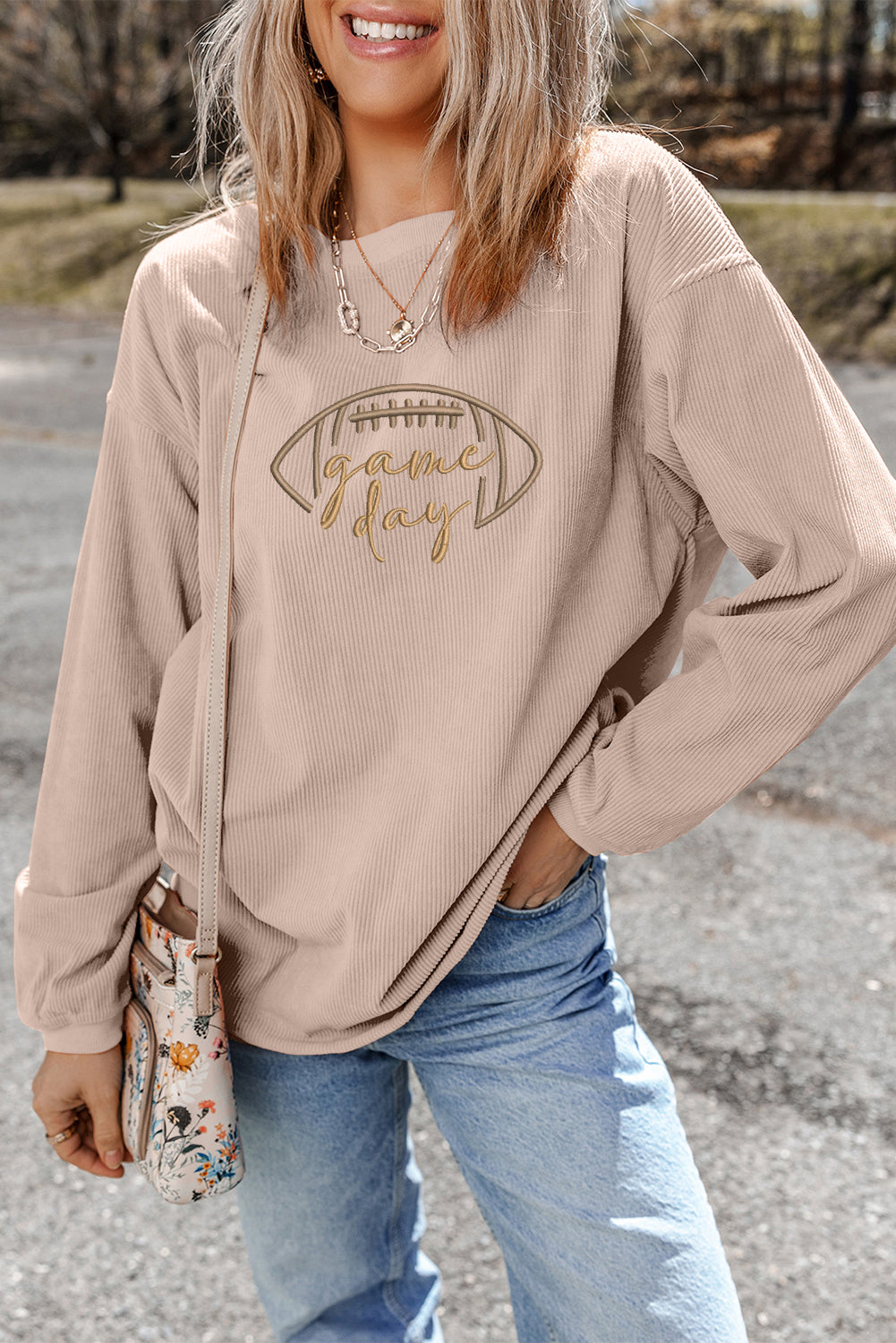 Apricot Football Graphic Drop Shoulder Game Day Corded Sweatshirt