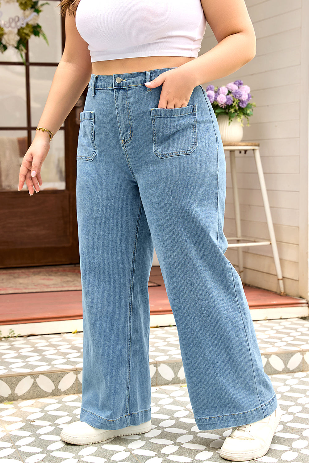 Dusk Blue Patched Pocket Textured Wide Leg Plus Size Jeans