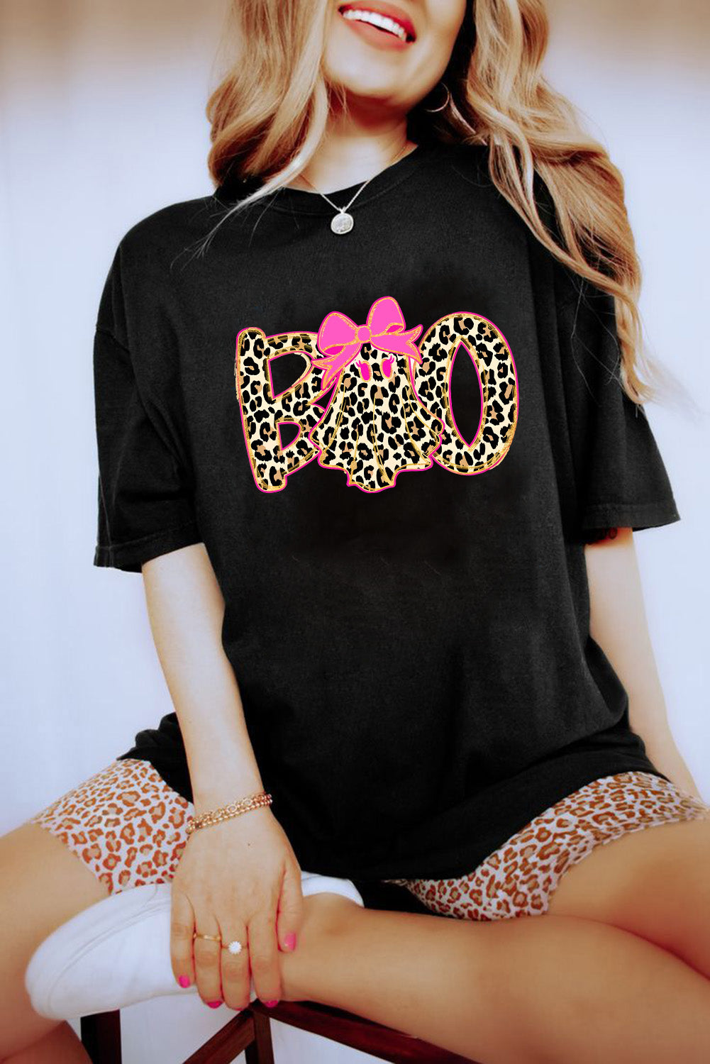 Black Leopard Ghost Boo Heat Transfer Printing Halloween T Shirt