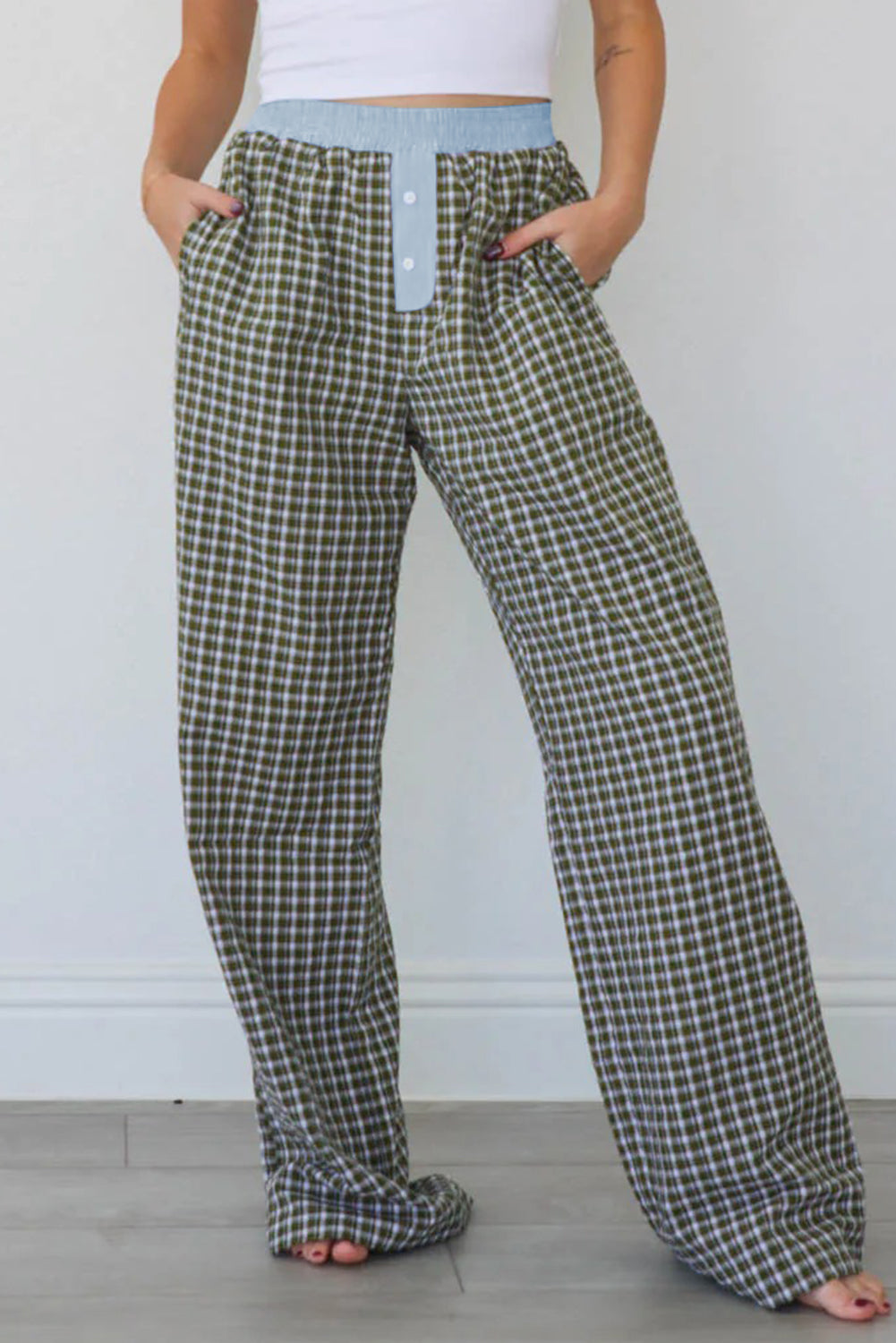 Brown Plaid Button High Waist Patchwork Pants