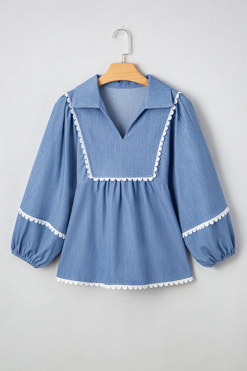 Dusk Blue Scallop Trim Puff Sleeve Collared Babydoll Blouse