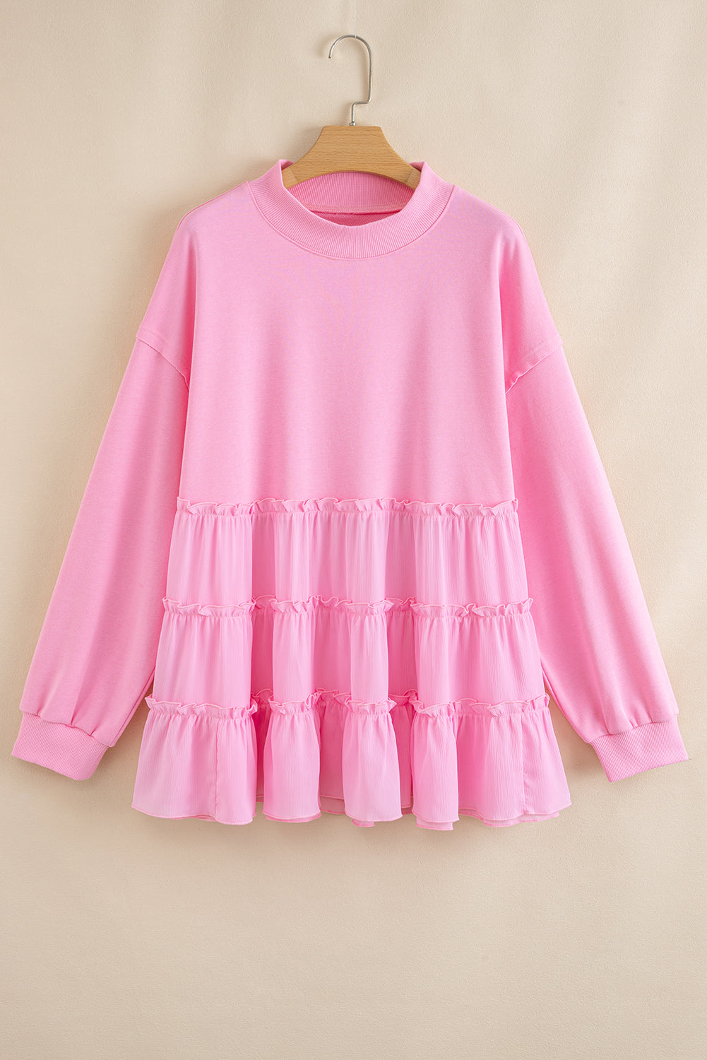 Pink Frill Tiered Patchwork Ribbed Trim Flowy Plus Size Top