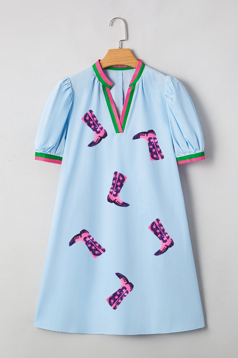 Myosotis Sequin Boots Pattern Contrast V Neckline Half Puff Sleeve Dress