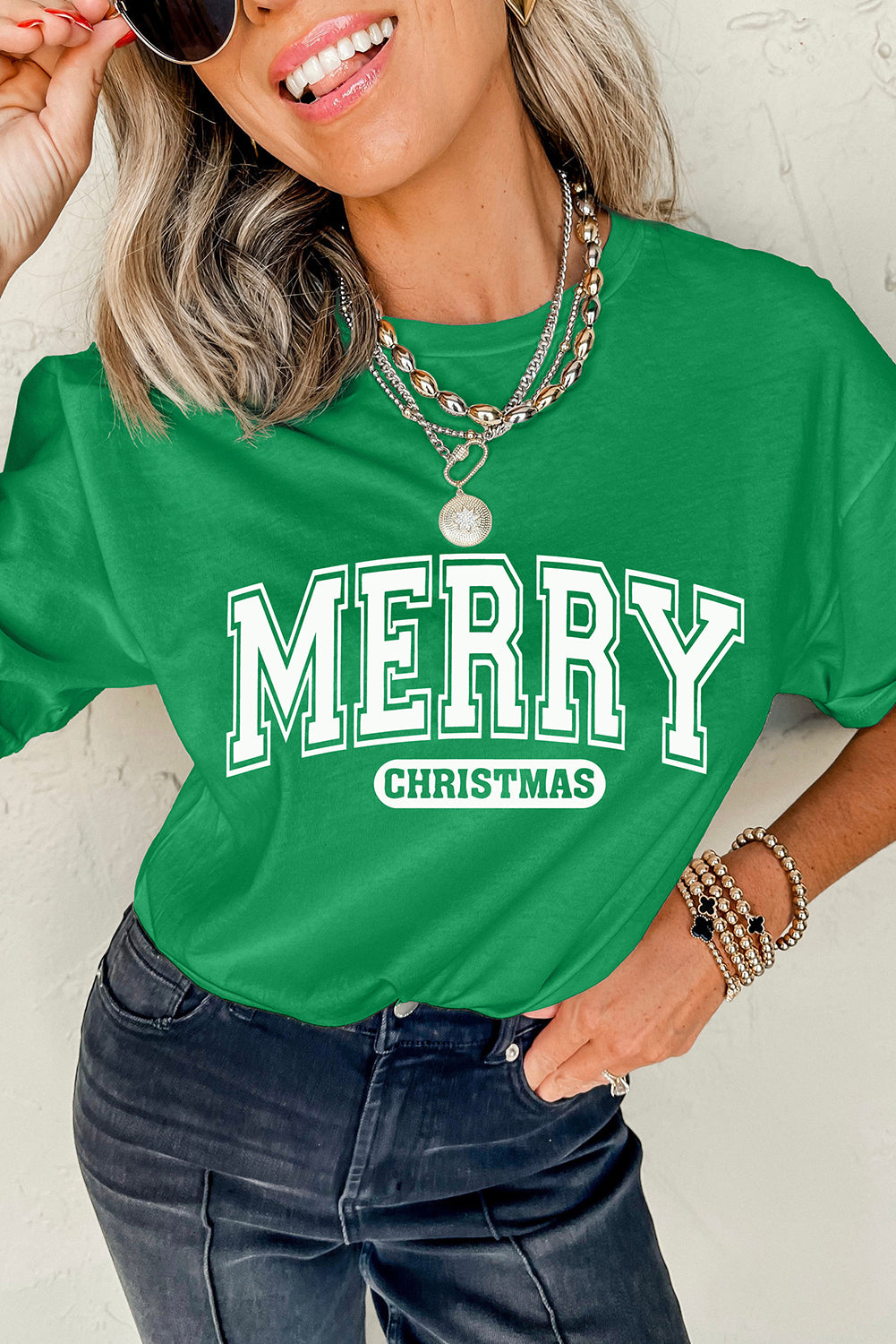 Bright Green MERRY CHRISTMAS Letter Heat Transfer Printing Graphic Tee