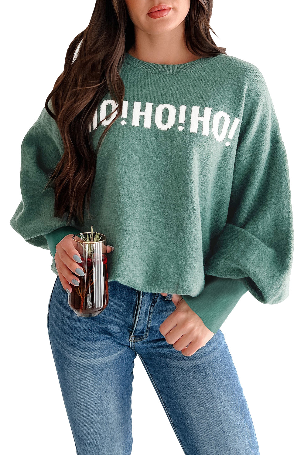 Green MERRY CHRISTMAS HO HO Loose Sweater