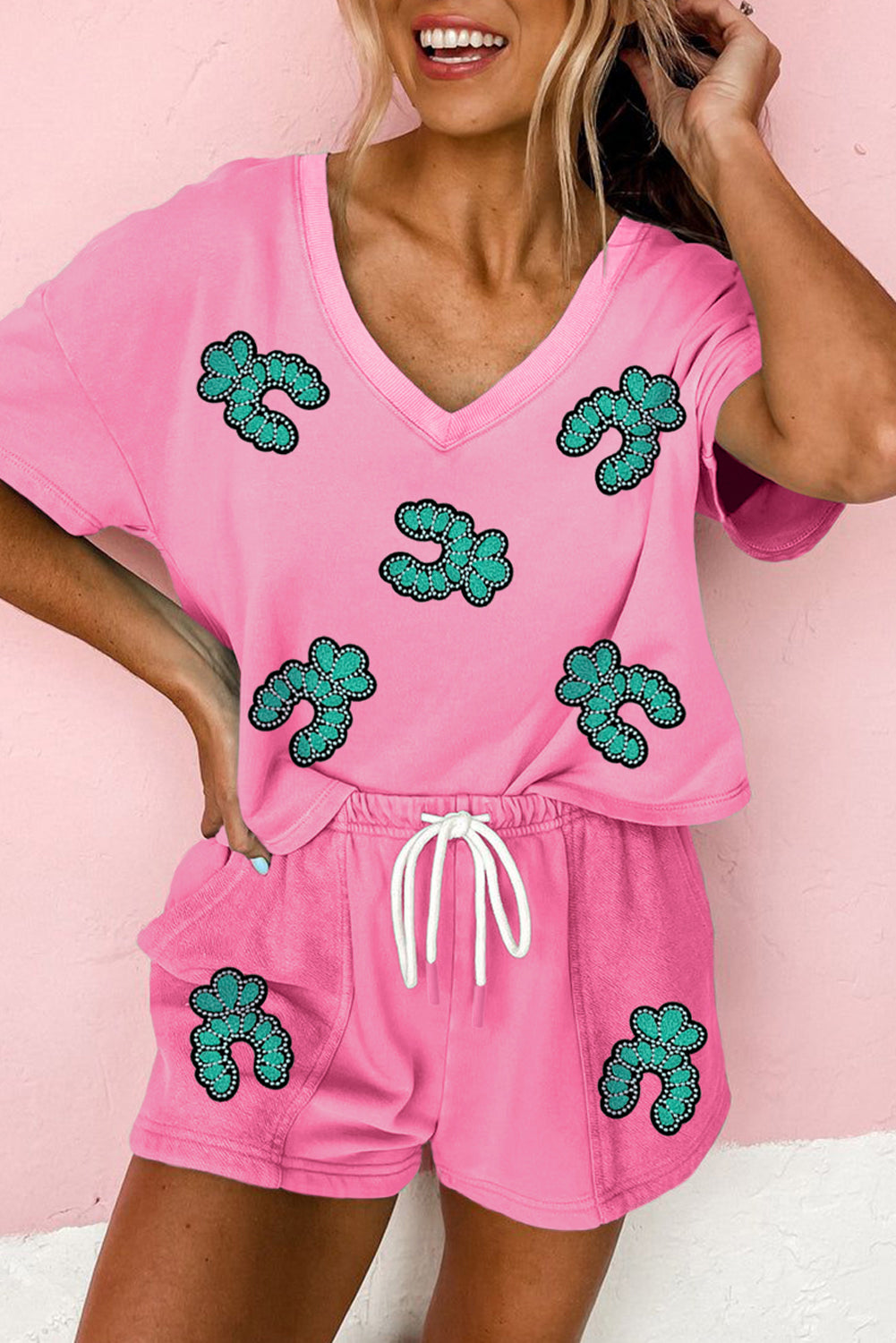 Bonbon Sequin Turquoise Pattern V Neck Tee and Drawstring Shorts Set