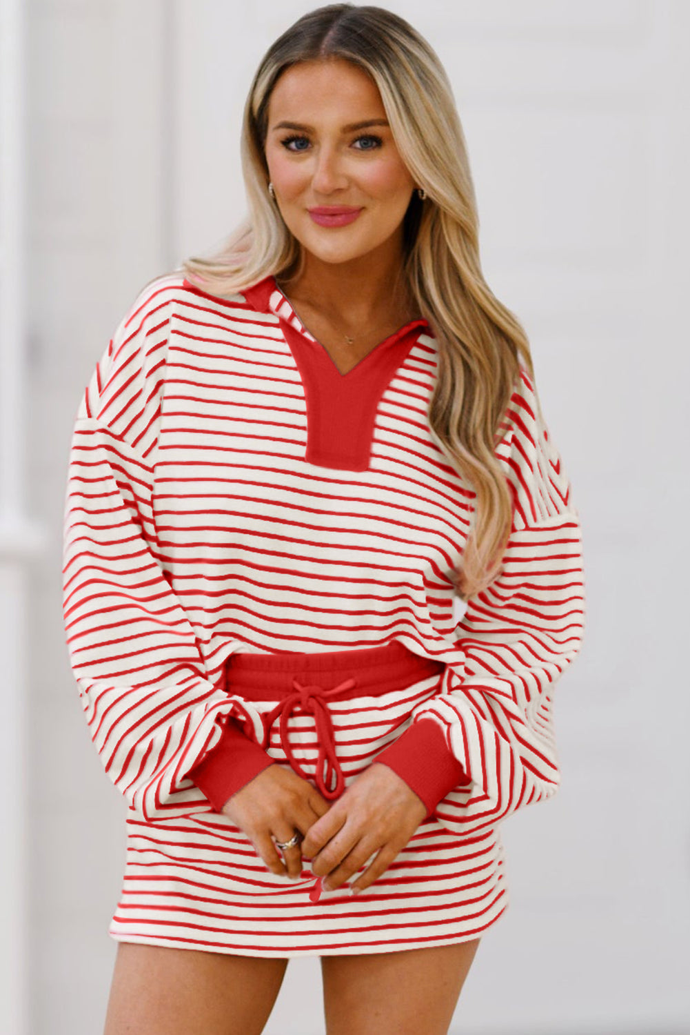 Red Stripe Collared V Neck Drop Shoulder Pullover and Skirt Set