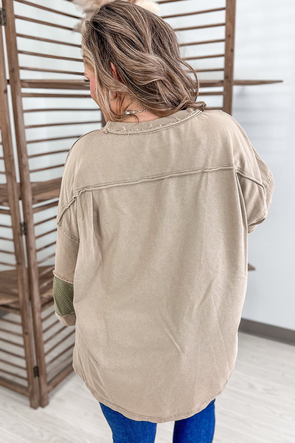 Laurel Green Exposed Seam Texture Patchwork Plus Size Drop Shoulder Pullover