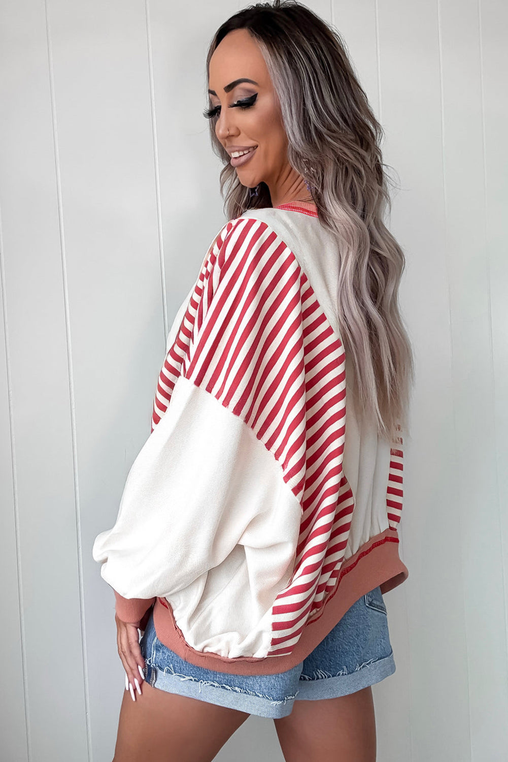 White Striped Colorblock Patchwork Oversized Sweatshirt