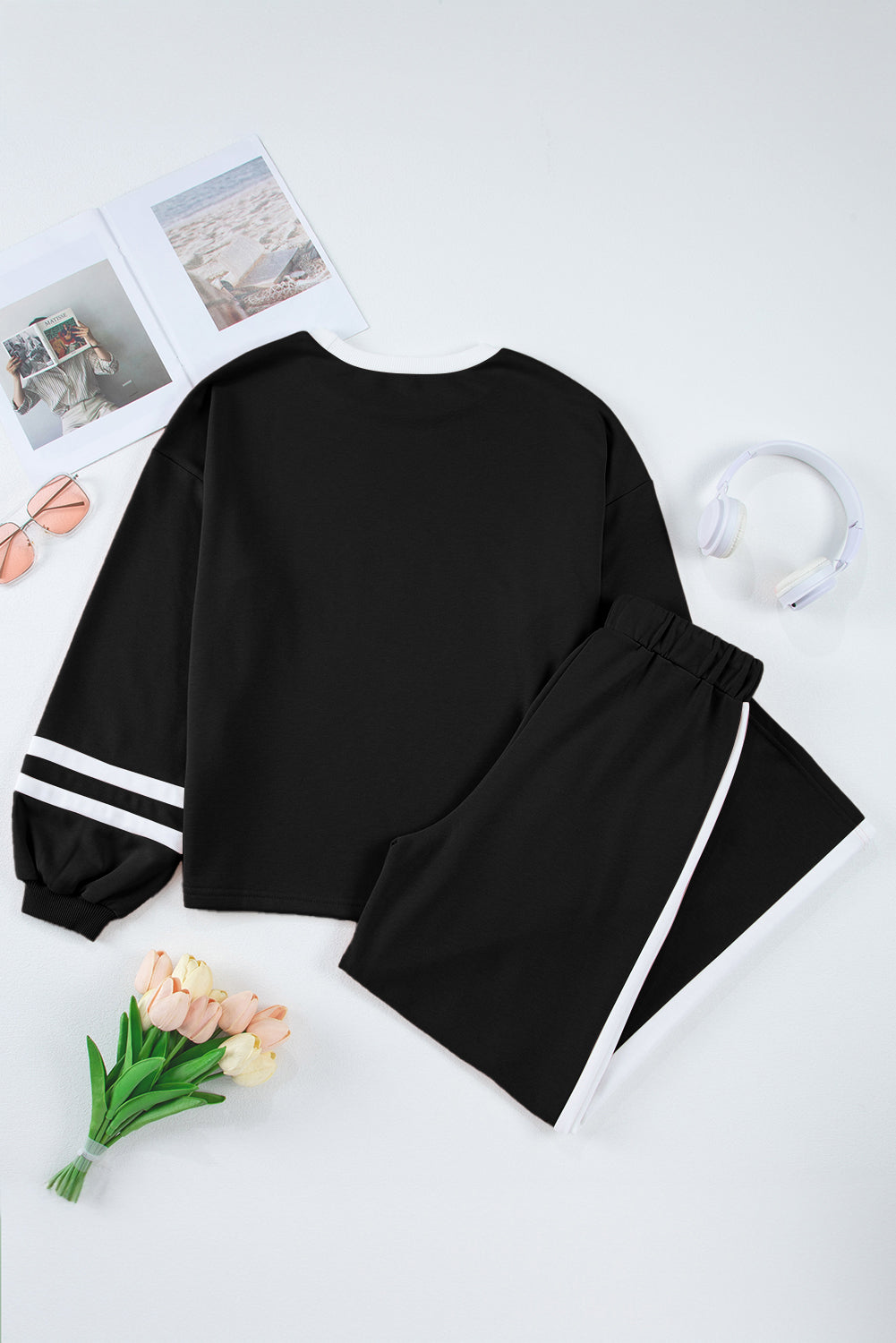 Gray Contrast Trim Long Sleeve Pullover and Pants Set