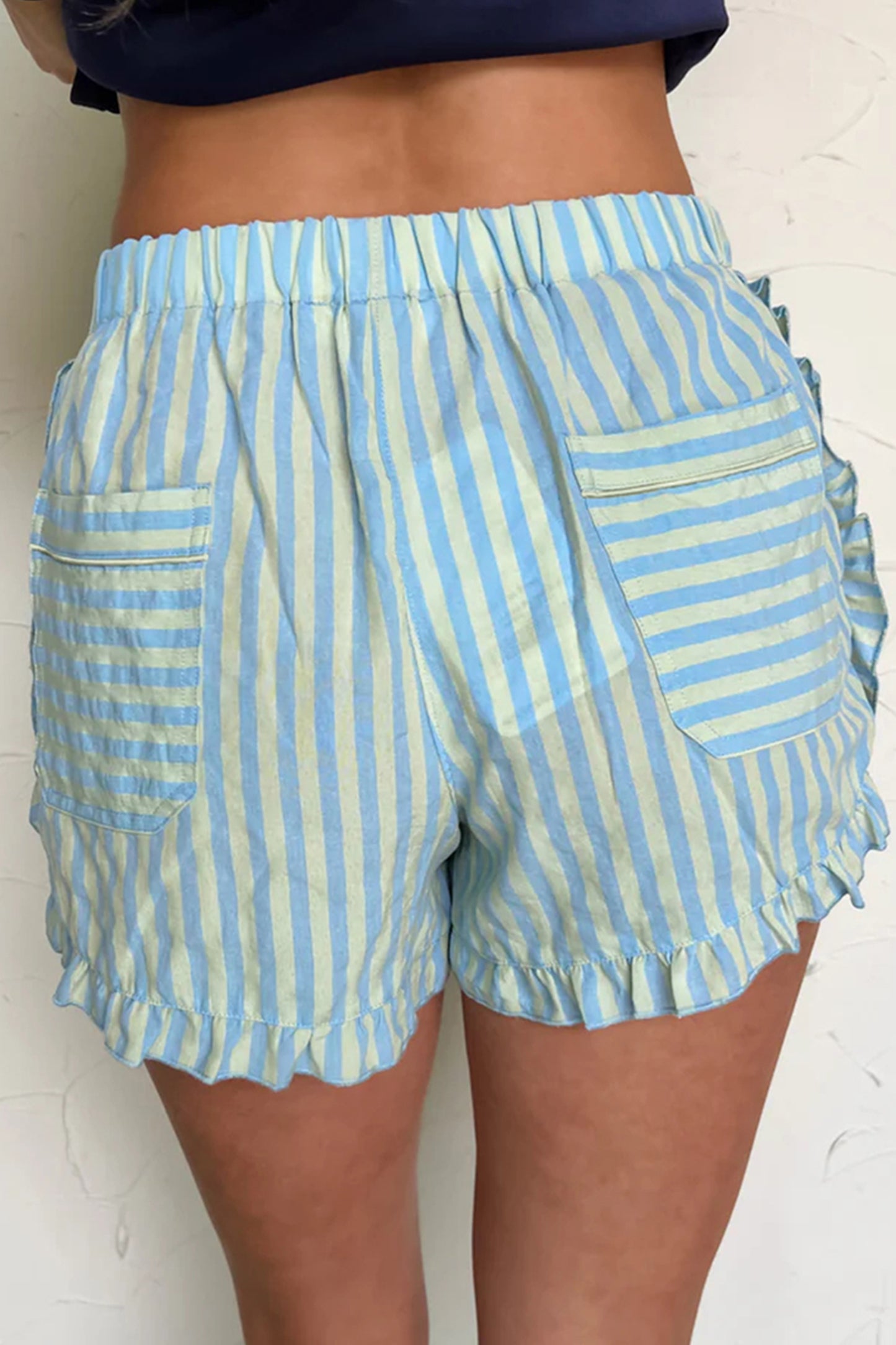 Rose Stripe Elastic Waist Ruffle Trim Casual Shorts