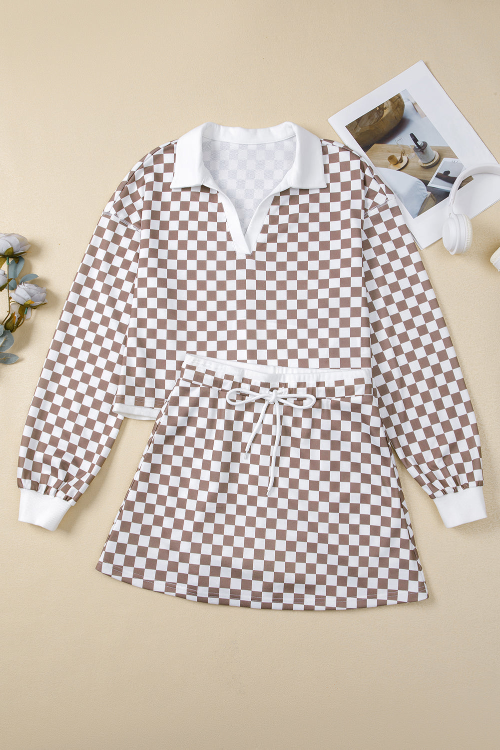 Khaki Checkered Print Polo Collar Long Sleeve Top Drawstring Mini Skirt Set