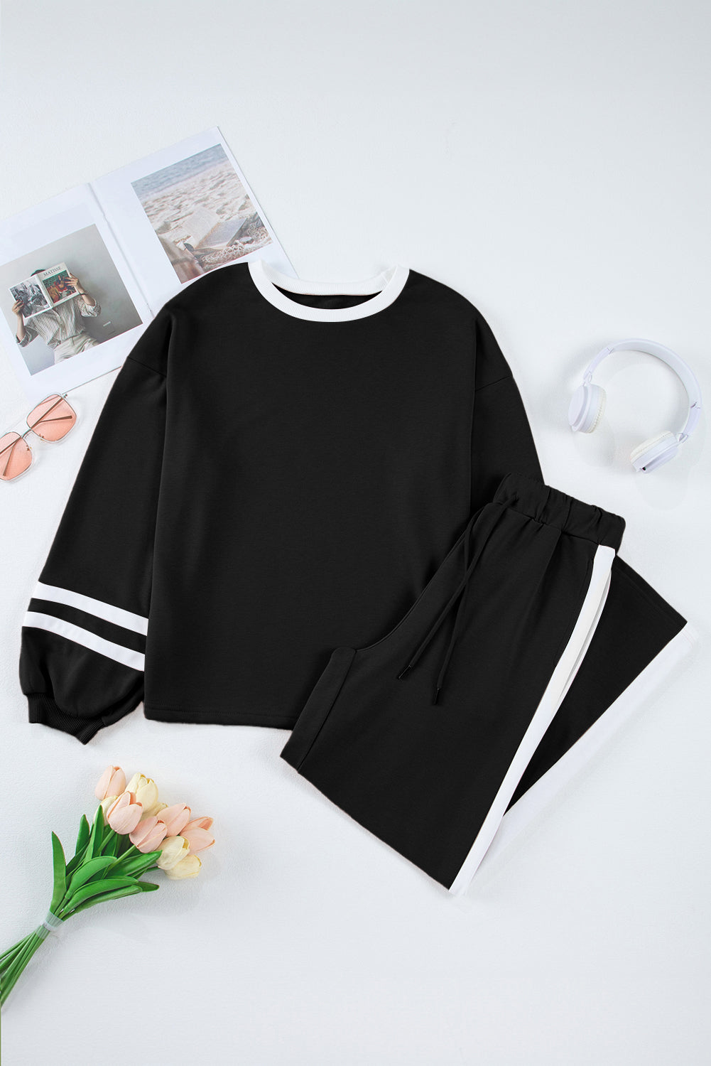 Gray Contrast Trim Long Sleeve Pullover and Pants Set