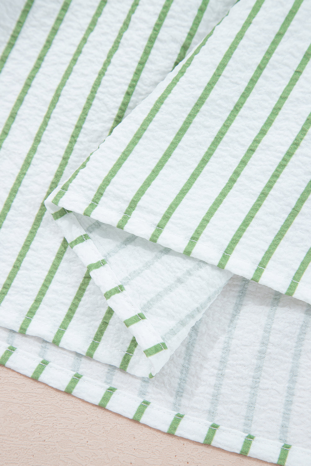 Green Stripe Flower Puff Sleeve Notch Neck Babydoll Blouse