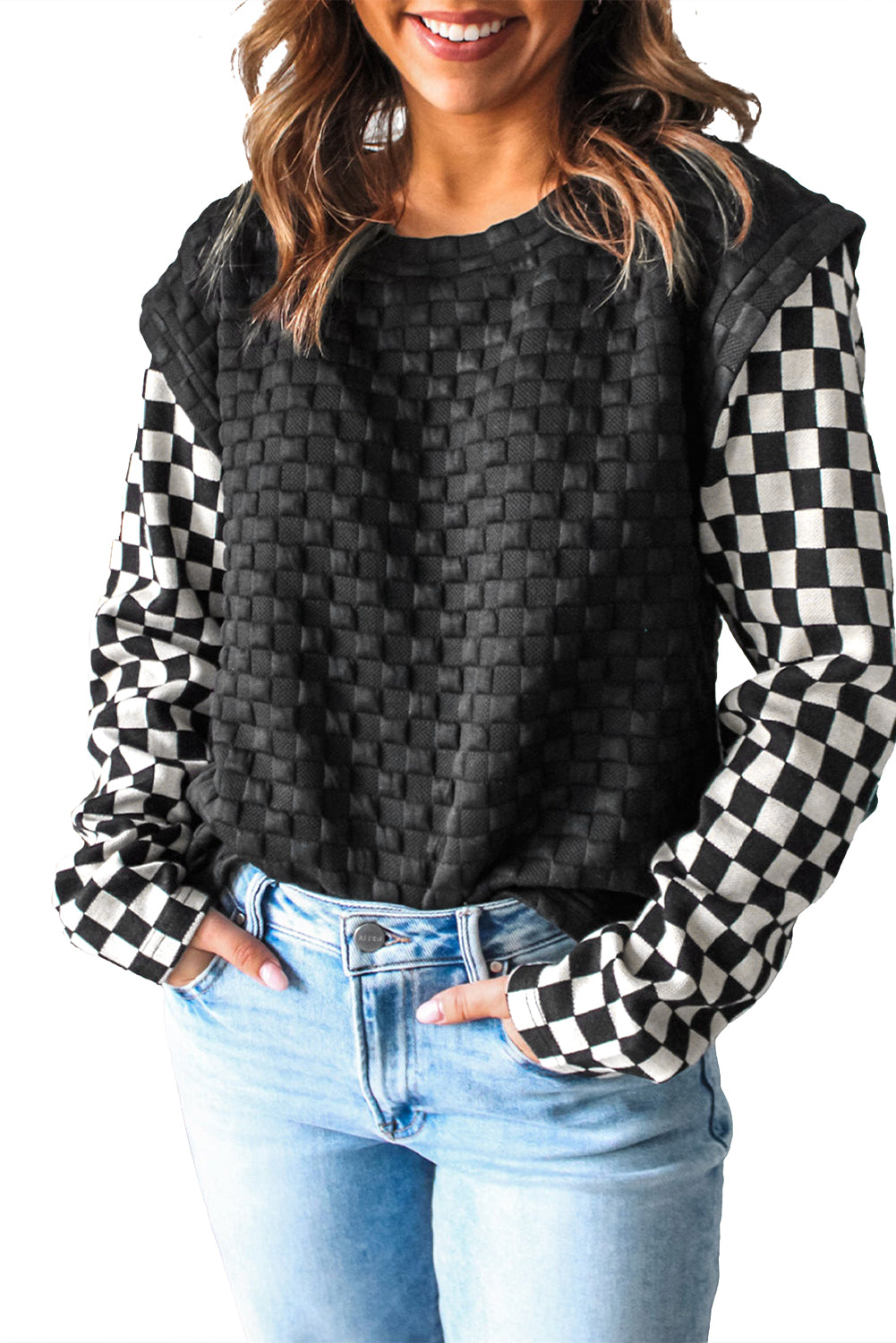 Black Plaid Textured Checkered Patchwork Long Sleeve Top