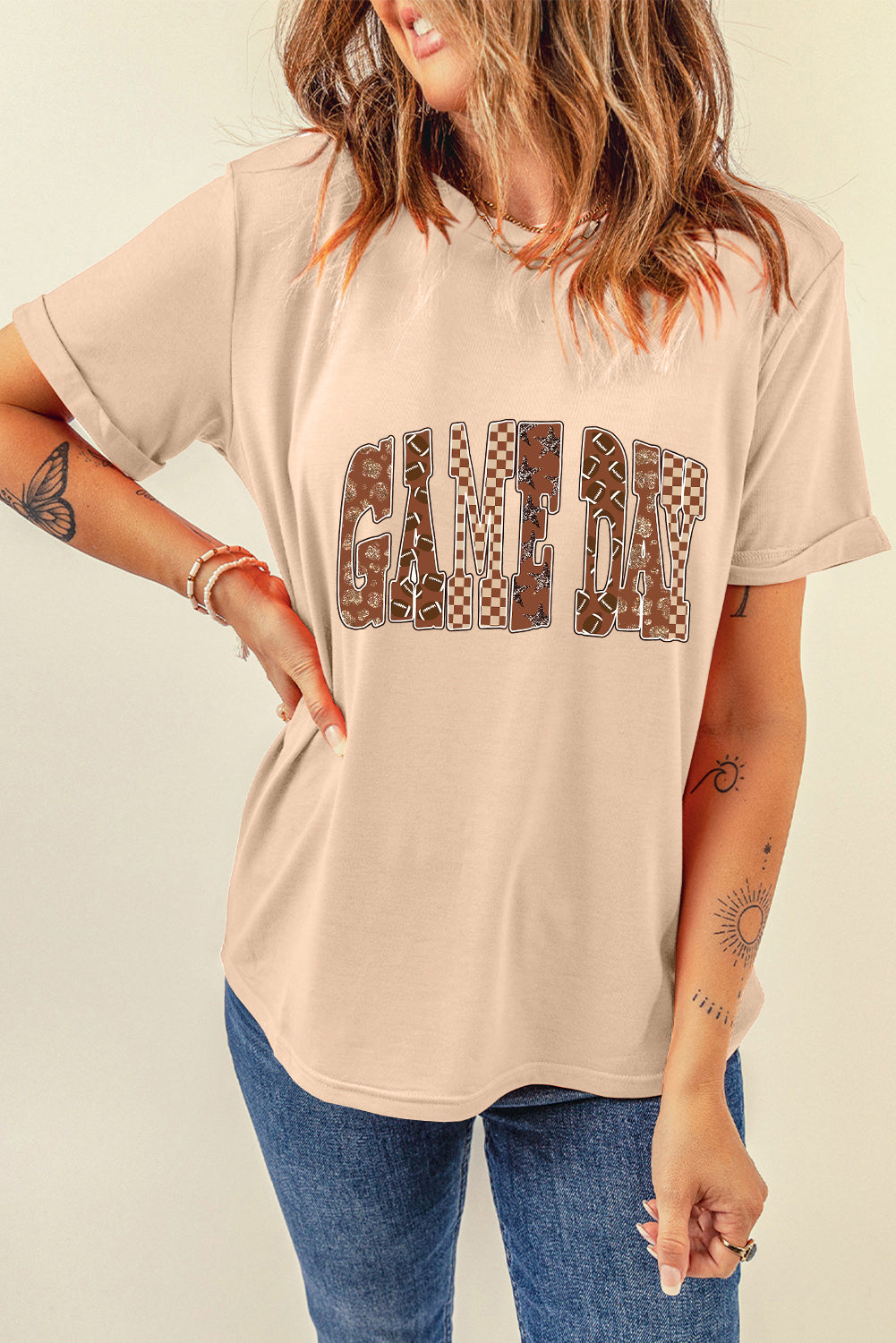 Khaki GAME DAY Football Checkered Letter Graphic T Shirt