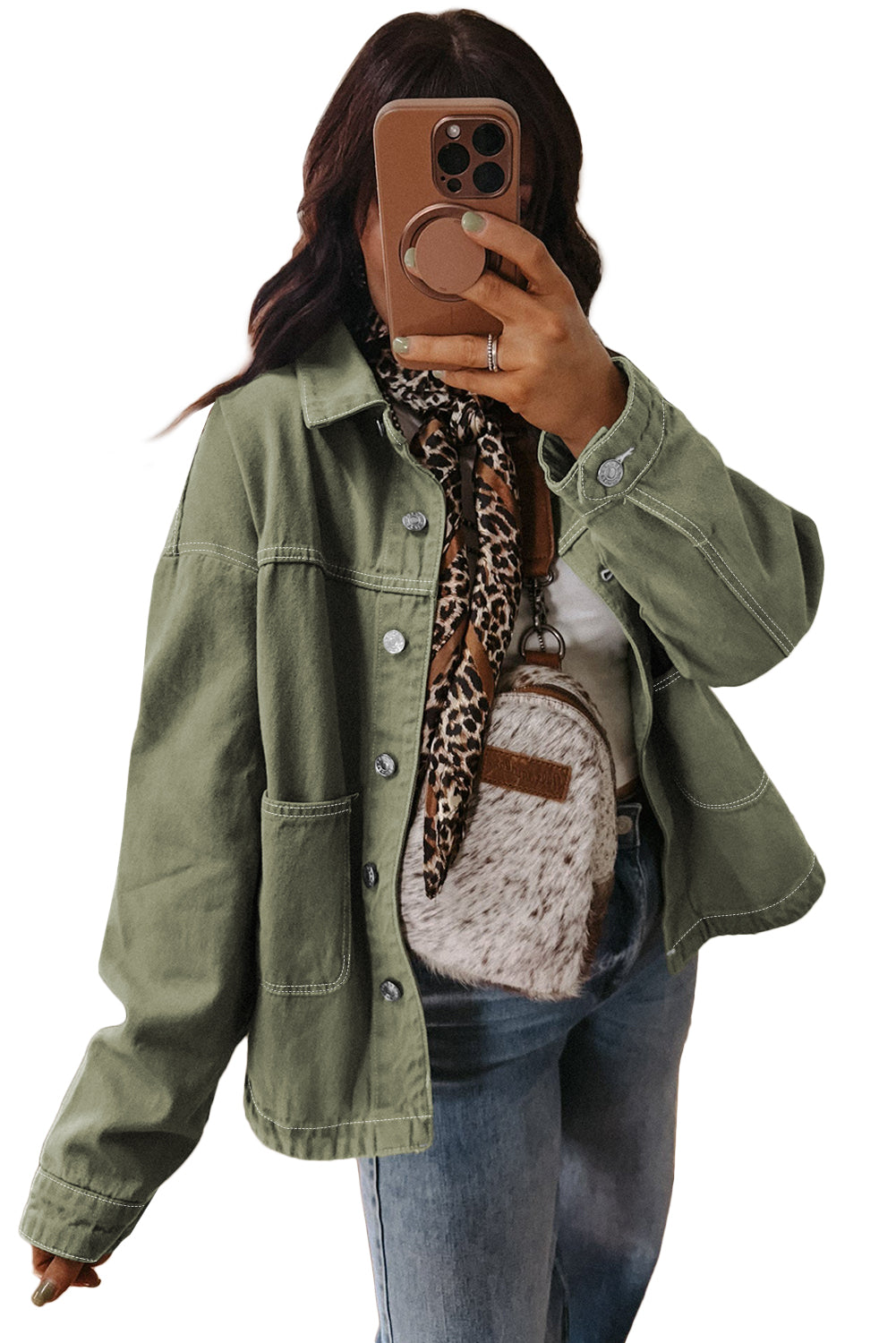 Smoke Green Pocket Collared Button Front Denim Jacket