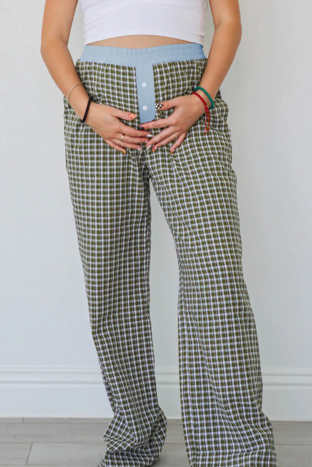 Brown Plaid Button High Waist Patchwork Pants