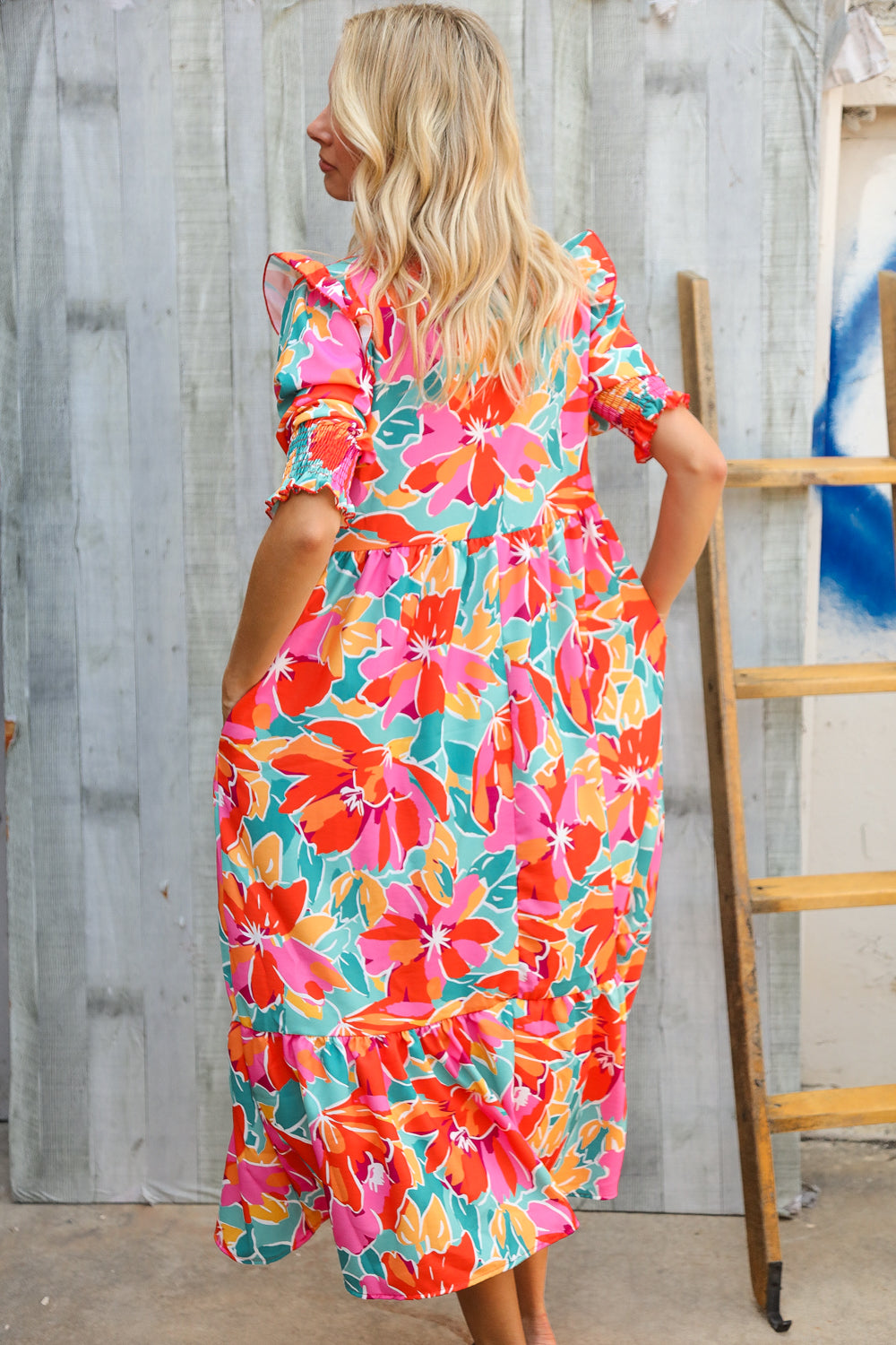 Dazzle In Orange & Aqua Floral Smocked Notched Neck Midi Dress
