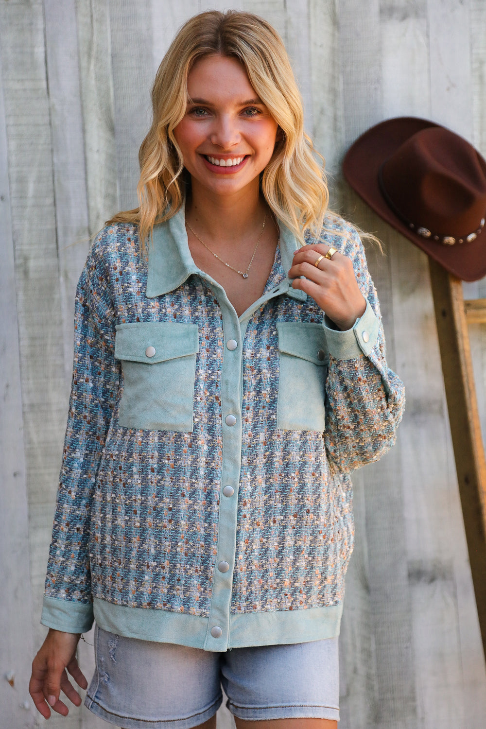 Put Together Turquoise Twill Banded Snap Button Jacket