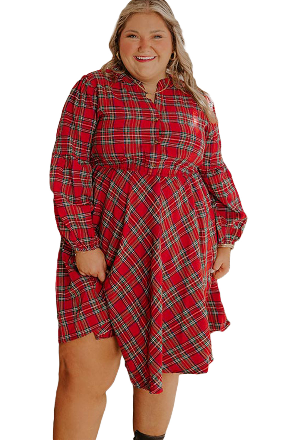 Red Plaid Half Button Long Sleeve Holiday Plus Size Dress