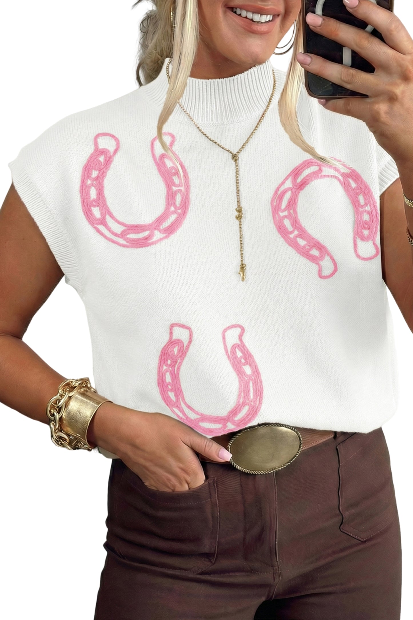 Bright Corded Horseshoes Ribbed Trim Mock Neck Short Sleeve Sweater