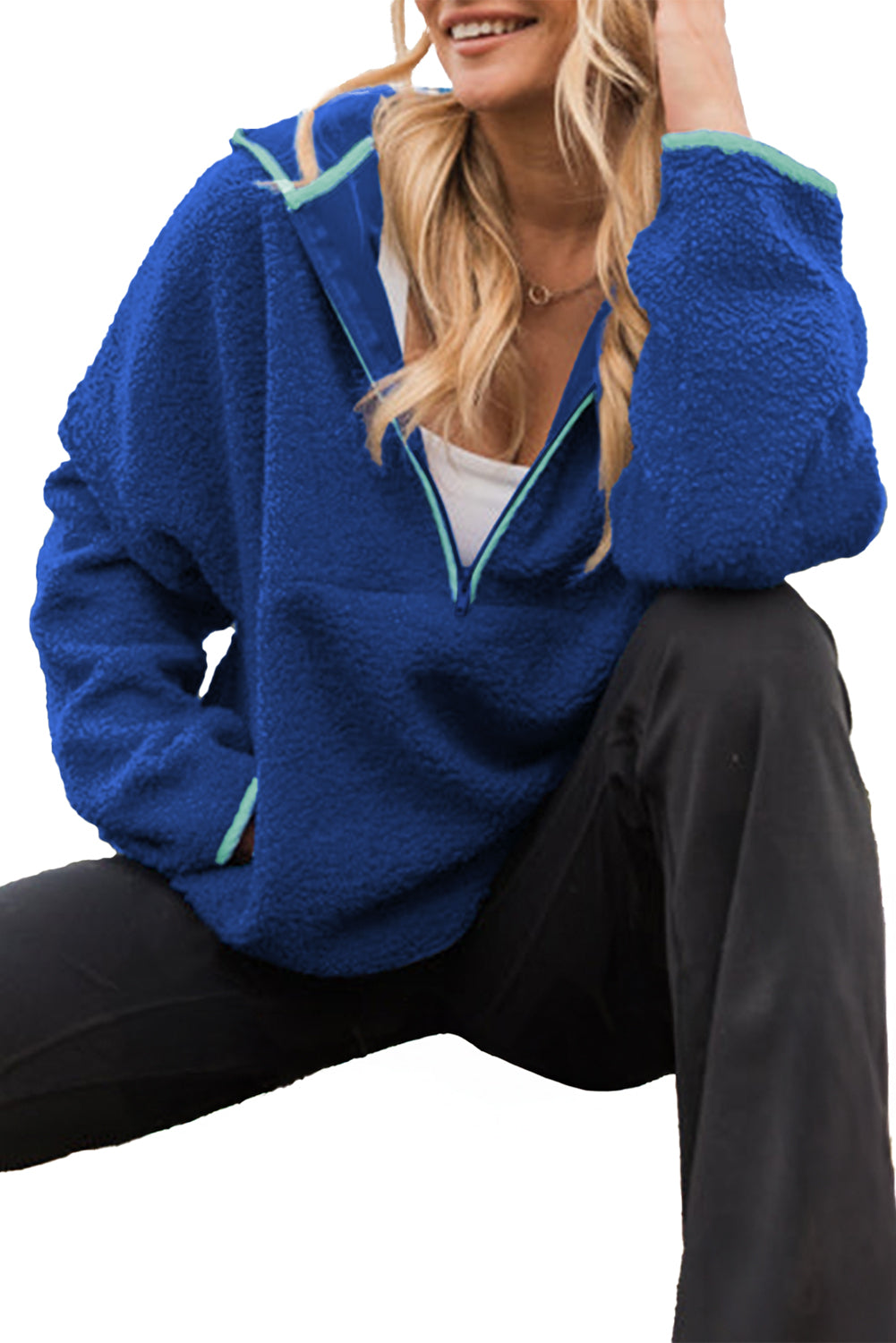 Sky Blue Sherpa Half Zip Contrast Trim Pullover Hoodie
