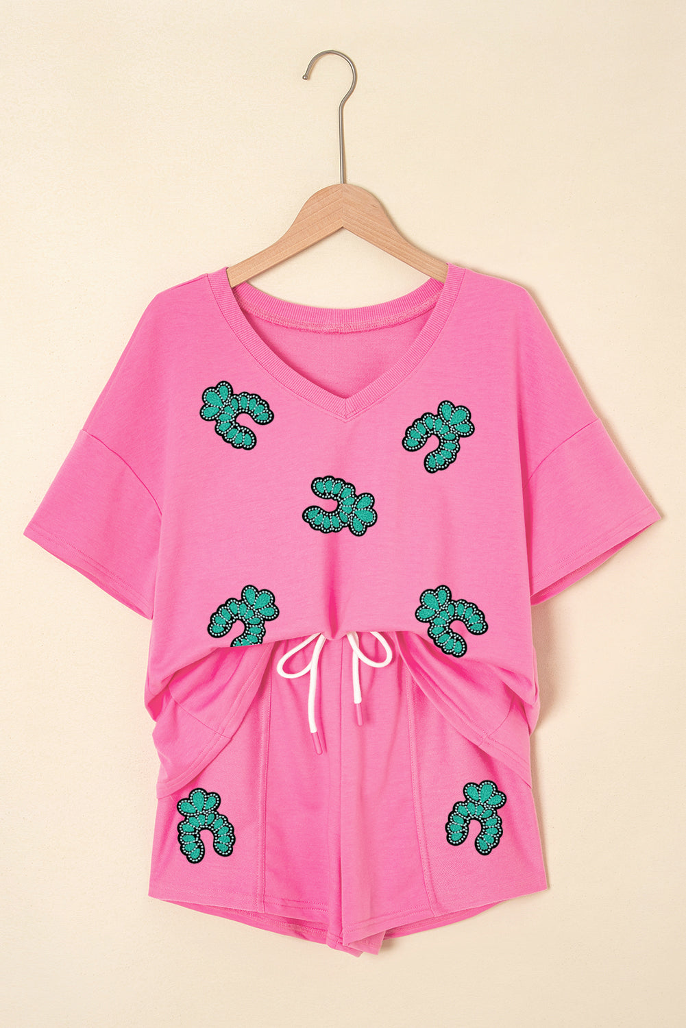 Bonbon Sequin Turquoise Pattern V Neck Tee and Drawstring Shorts Set