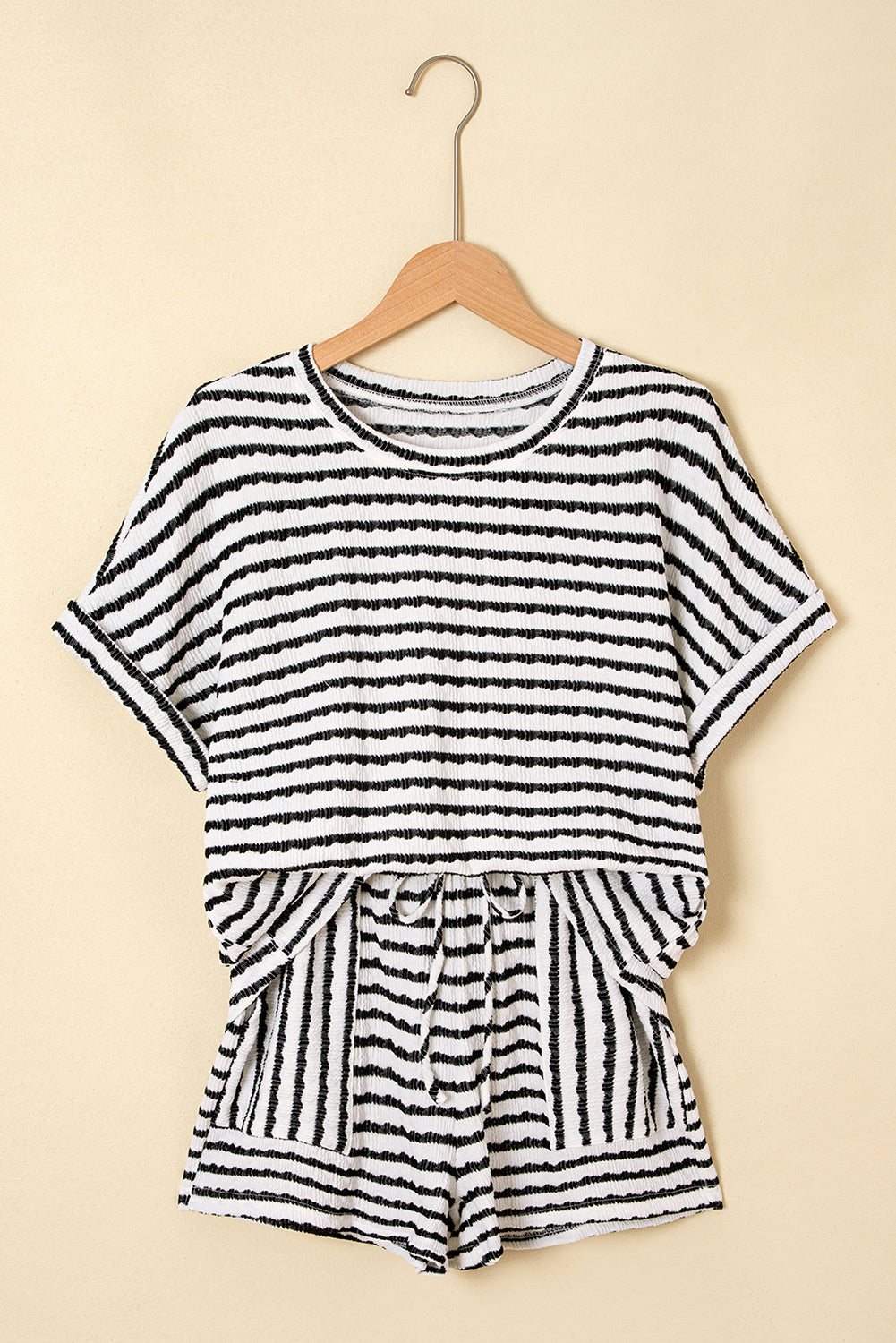 Pink Striped Print Short Sleeve Top and Pocket Shorts Set