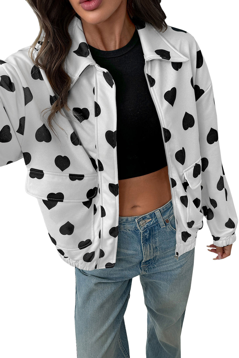 White Zipper Heart Print Collared Jacket