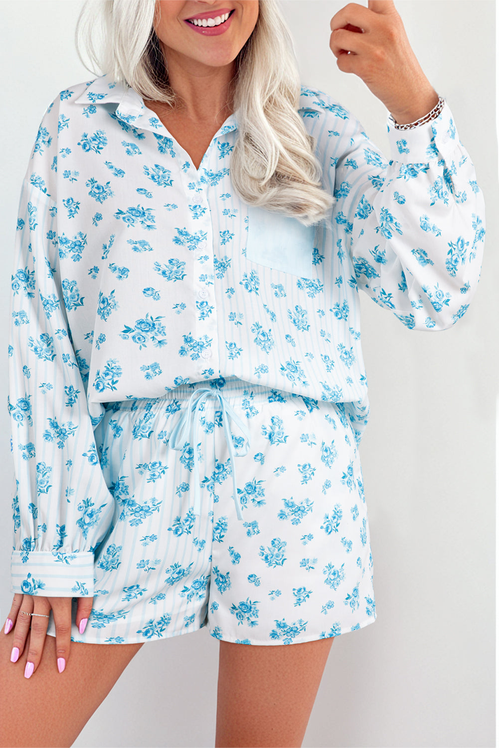 Sky Blue Floral Striped Print Patched Pocket Shirt and Shorts Set