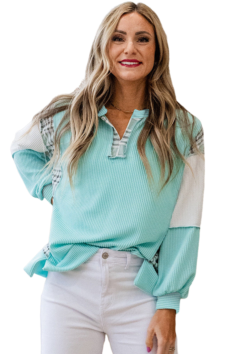 Aruba Blue Corded Texture Plaid Patchwork Split Neck Long Sleeve Top