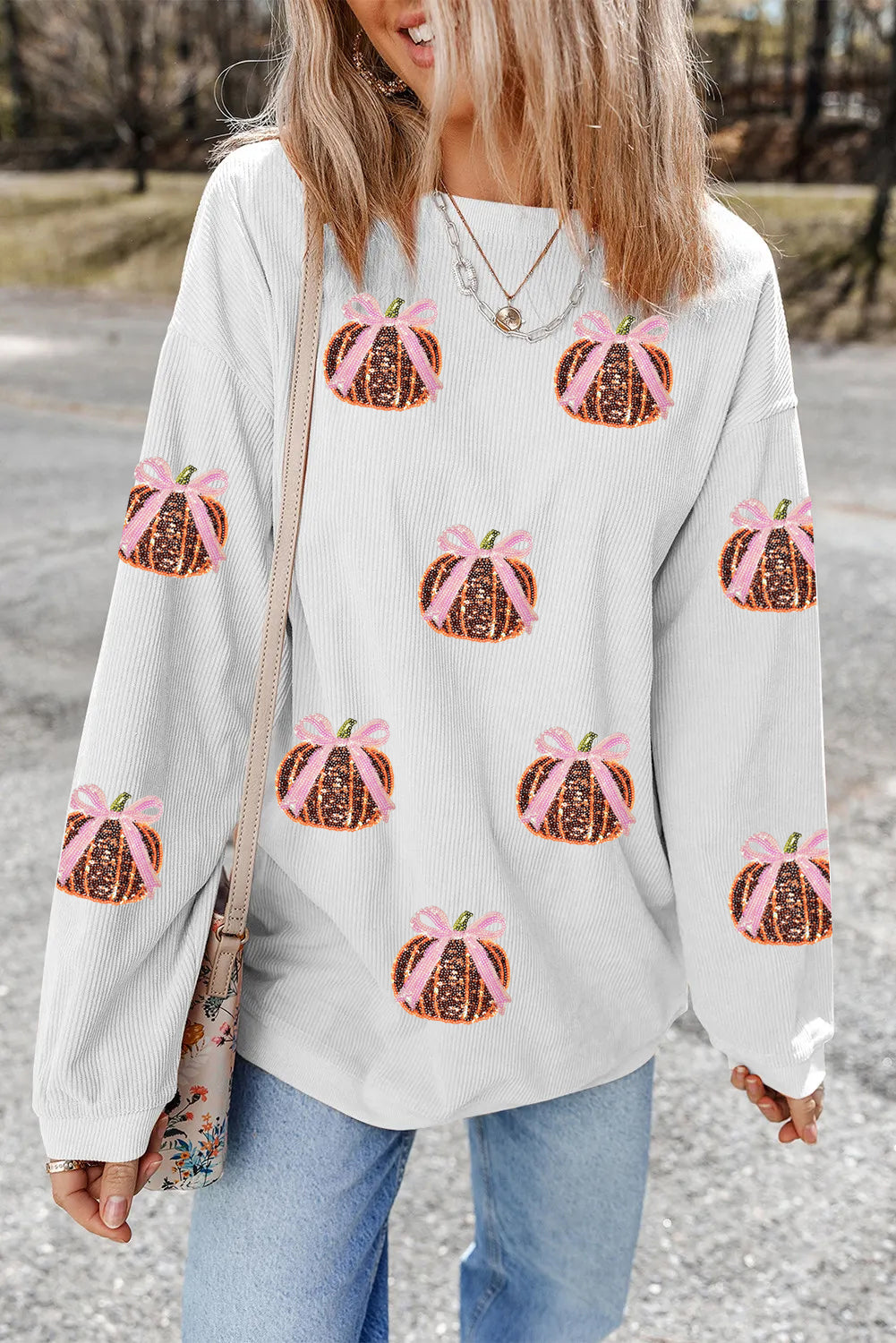 White Twisted Ribbed Sequin Bow Pumpkin Patch Application Graphic Sweatshirt