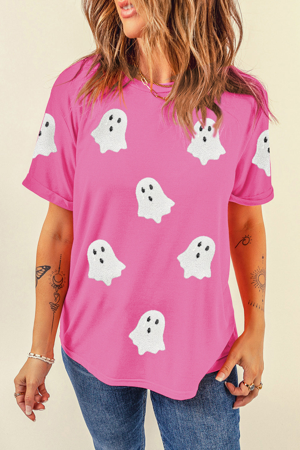 Black Sequin Halloween Ghost Patched Casual T Shirt