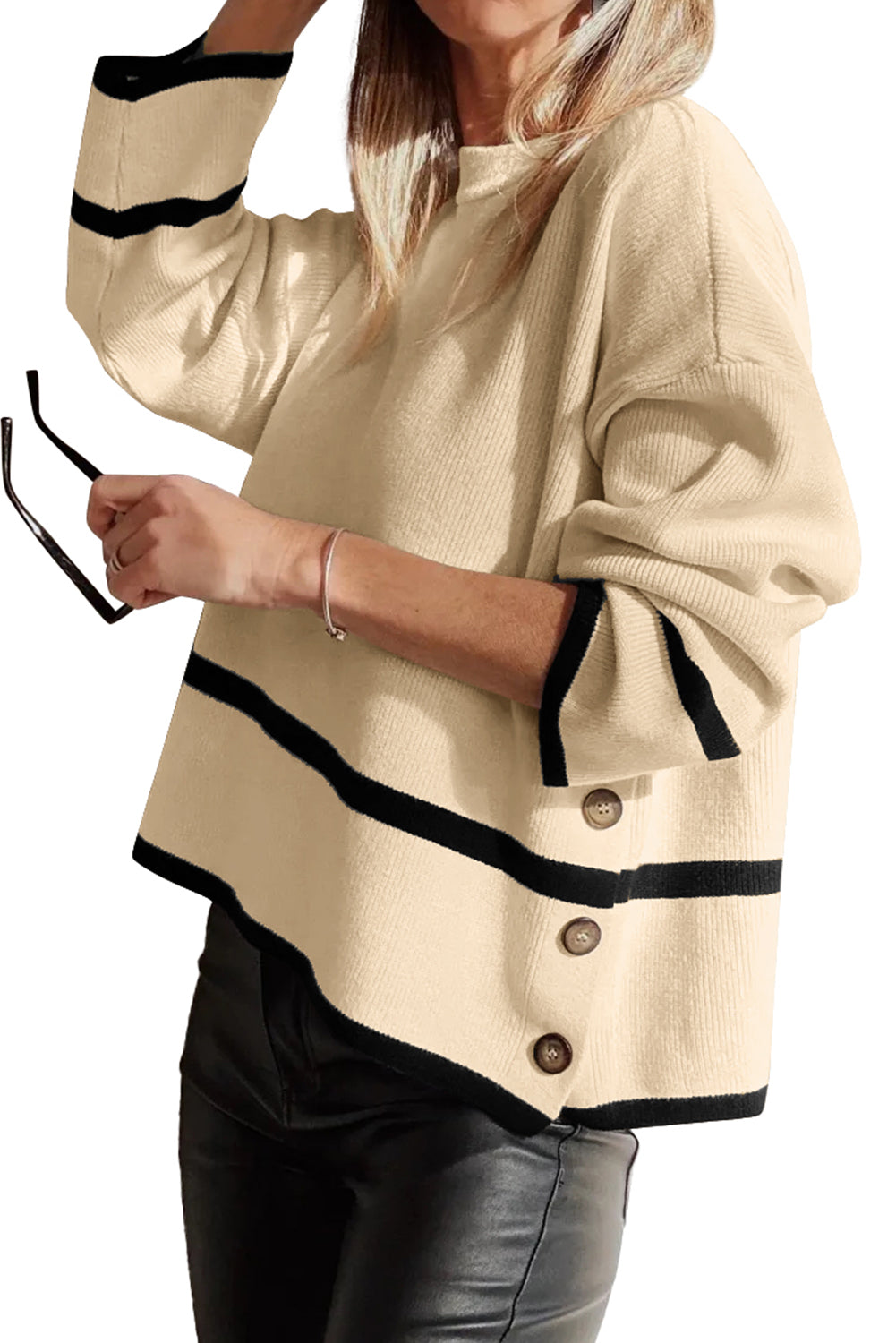 Beige Ribbed Knit Contrasted Stripe Detail Button Side Loose Sweater