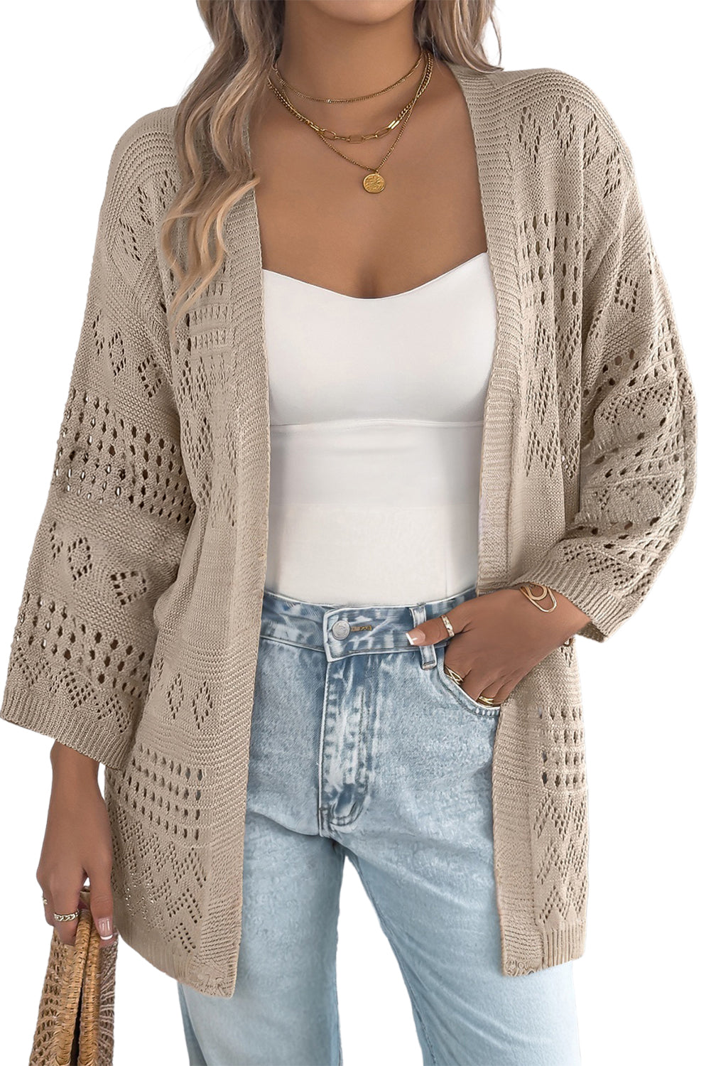 Smoke Gray Solid Color Hollow Knit Cardigan