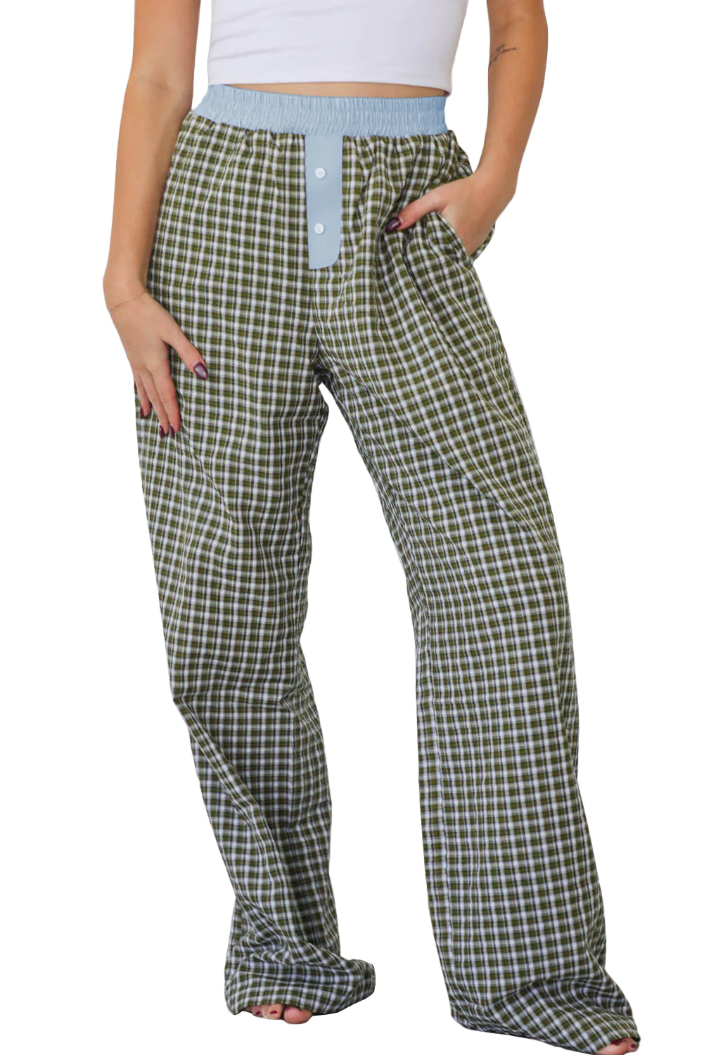 Brown Plaid Button High Waist Patchwork Pants