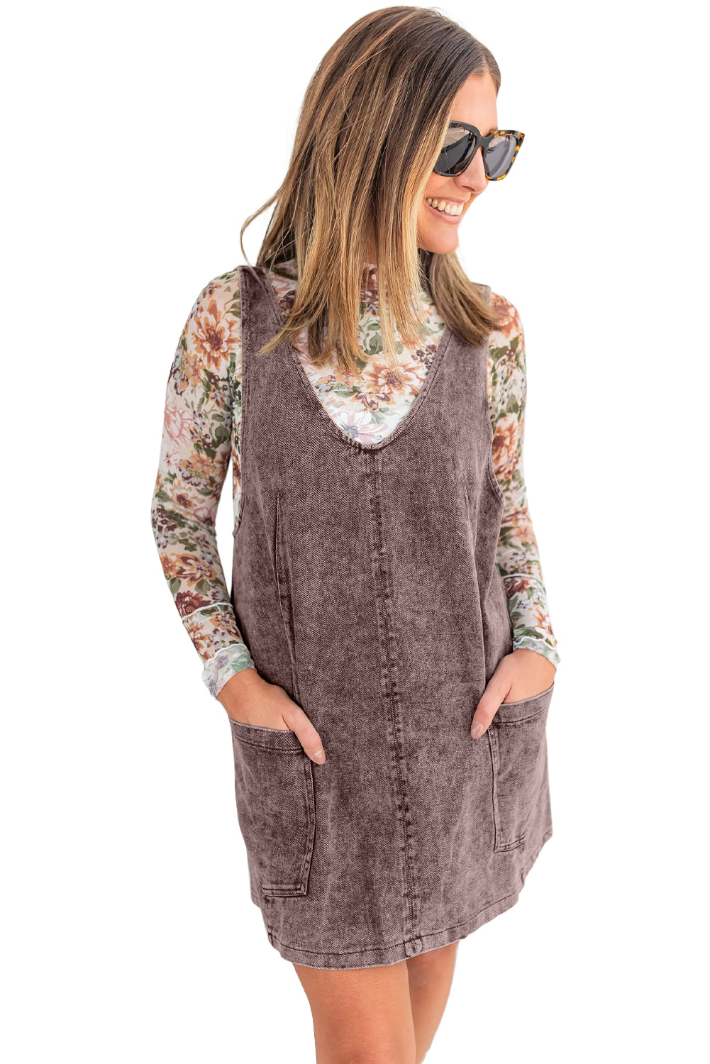 Vintage Washed Denim V Neck Suspender Mini Dress