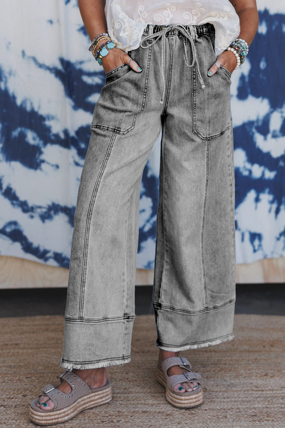 Prussian Blue Drawstring Seam Detail Raw Hem Wide Leg Jeans