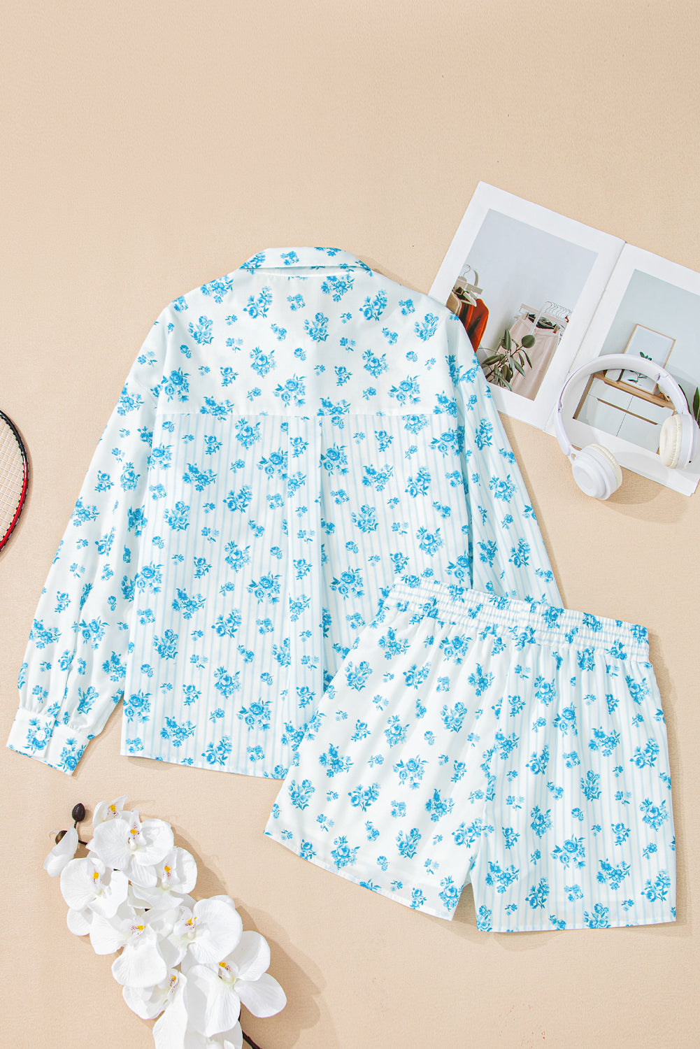 Sky Blue Floral Striped Print Patched Pocket Shirt and Shorts Set