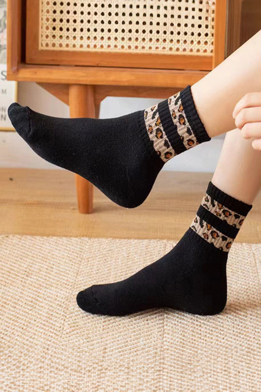White Leopard Double Stripe Crew Socks