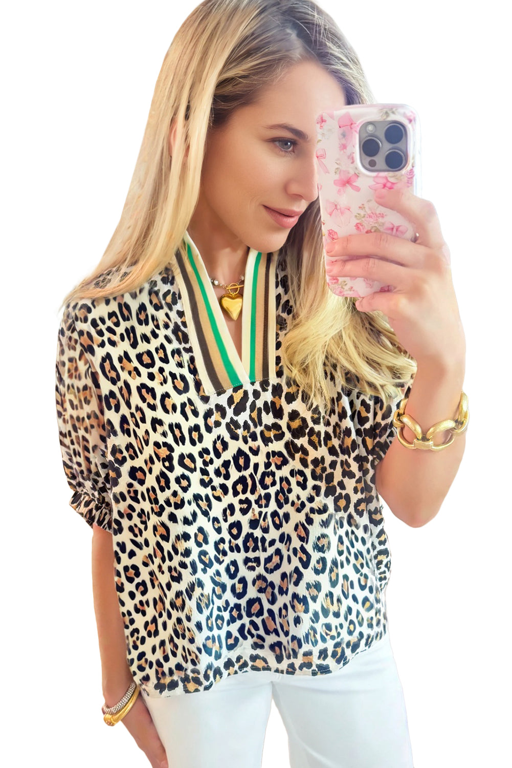 Khaki Pop of Color Neckline Loose Fit Leopard Print Blouse