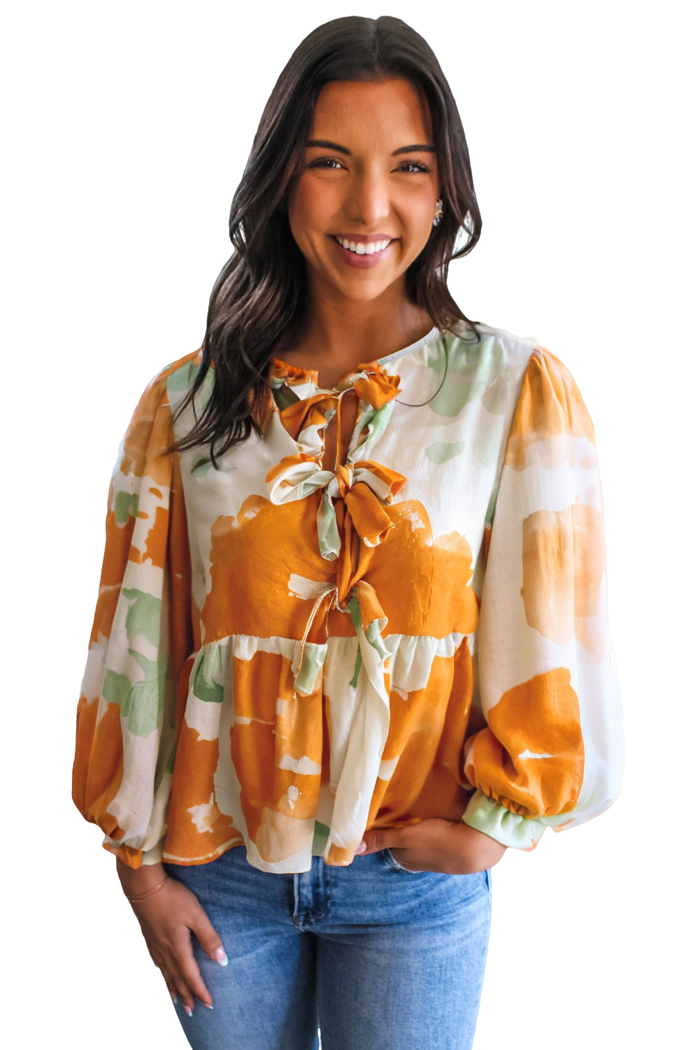 Carrot Abstract Print Bubble Sleeve Bow Front Top