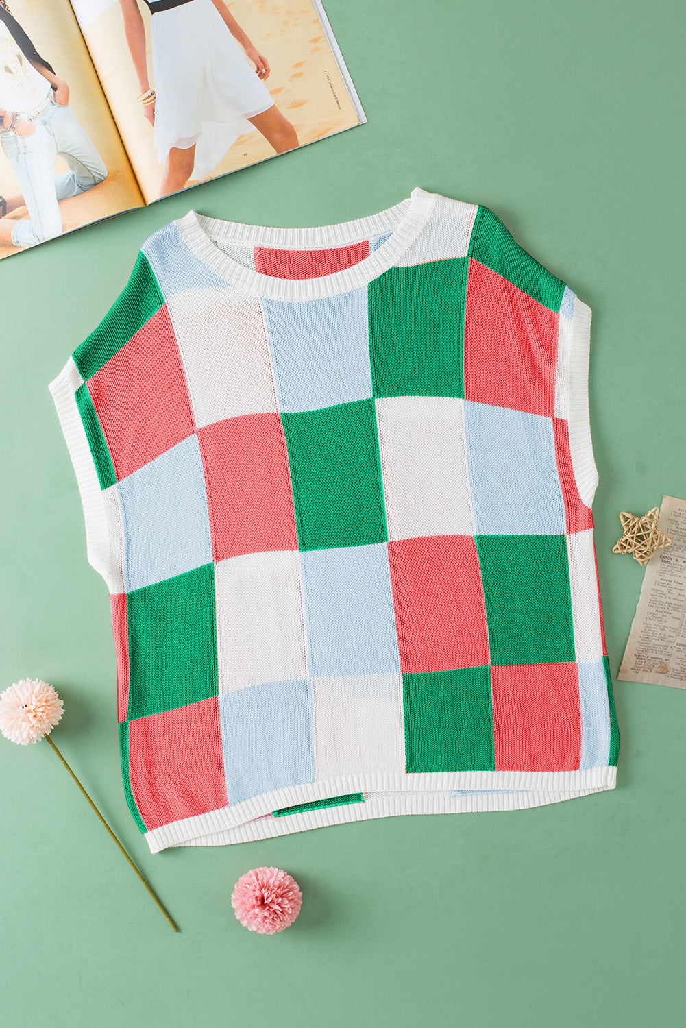 Fiery Red Checkered Color Block Cap Sleeve Knitted Top