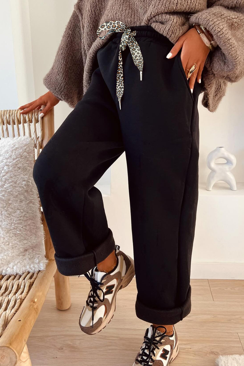 Coffee Leopard Drawstring Winter Fleece Pants