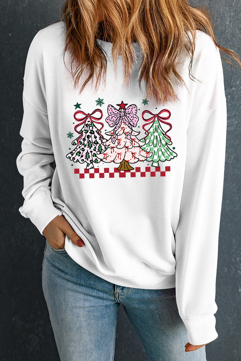White Christmas Tree Graphic Heat Transfer Printing Holiday Sweatshirt