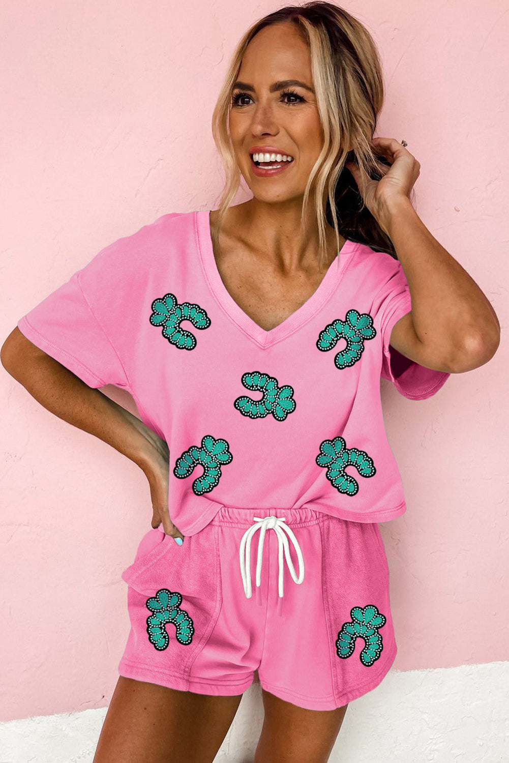 Bonbon Sequin Turquoise Pattern V Neck Tee and Drawstring Shorts Set